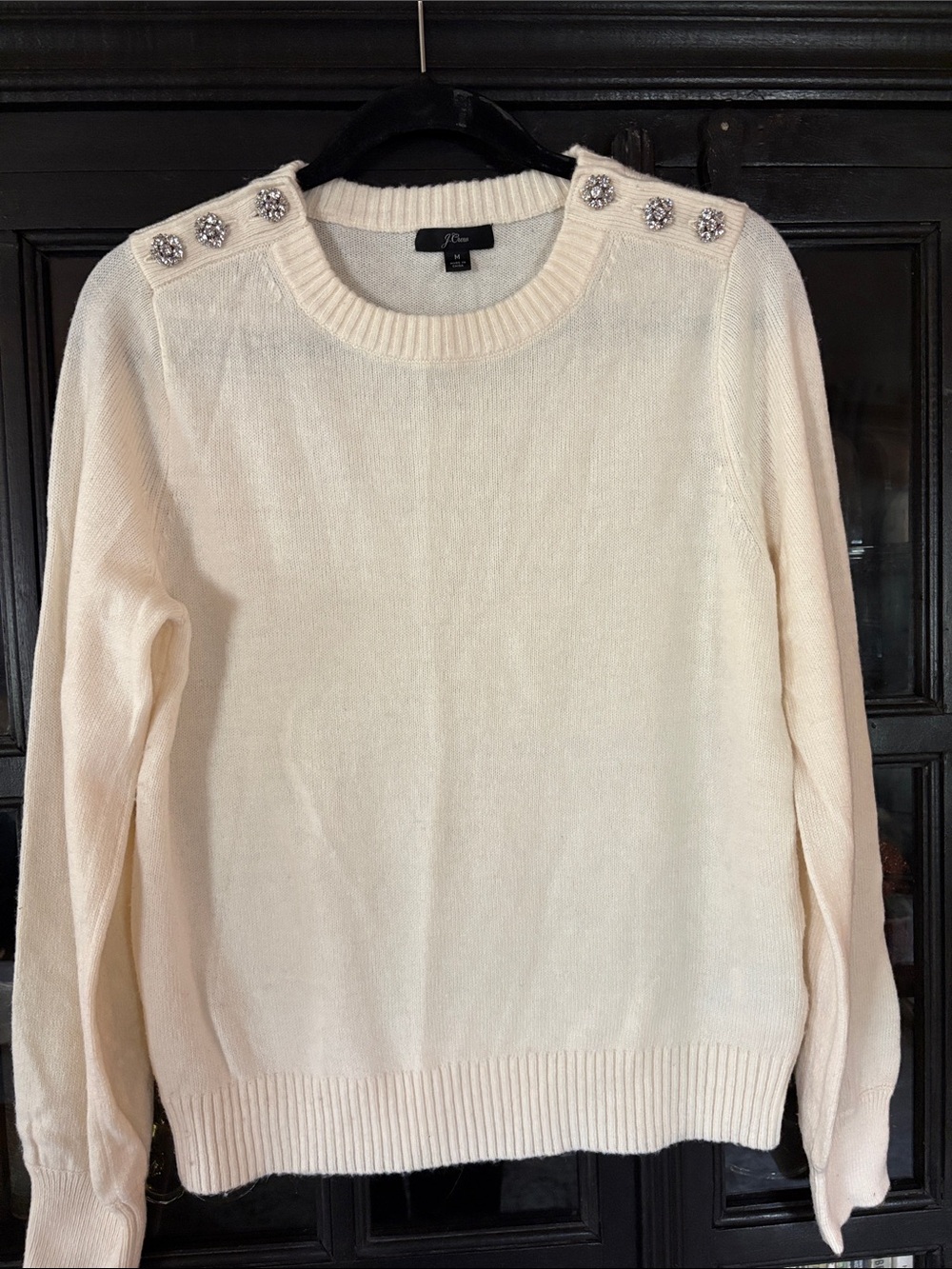 J. Crew Cream Crewneck Sweater with Jeweled Shoulder Accents